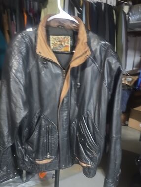 Men's Black Leather Bomber Jacket with Tan Trim